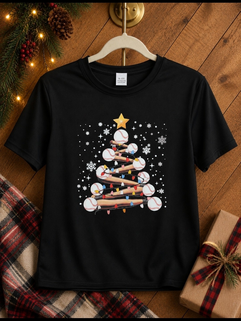 Baseball Christmas Tree Graphic Tee Boys 9/10 Holiday Shirt